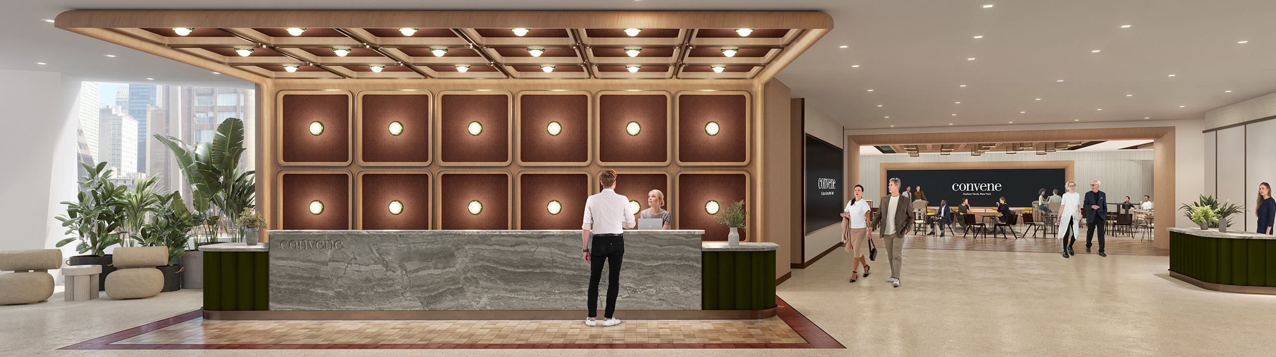 A rendering of the welcome desk and gallery space at Convene 30 Hudson Yards, set to open in 2025.