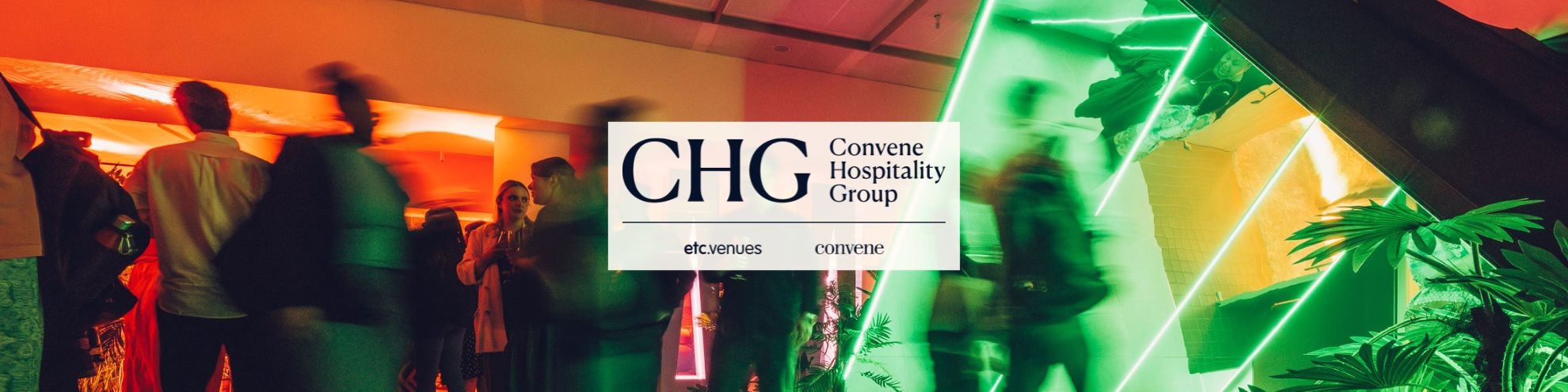 Convene Hospitality Group logo over blurred people at event