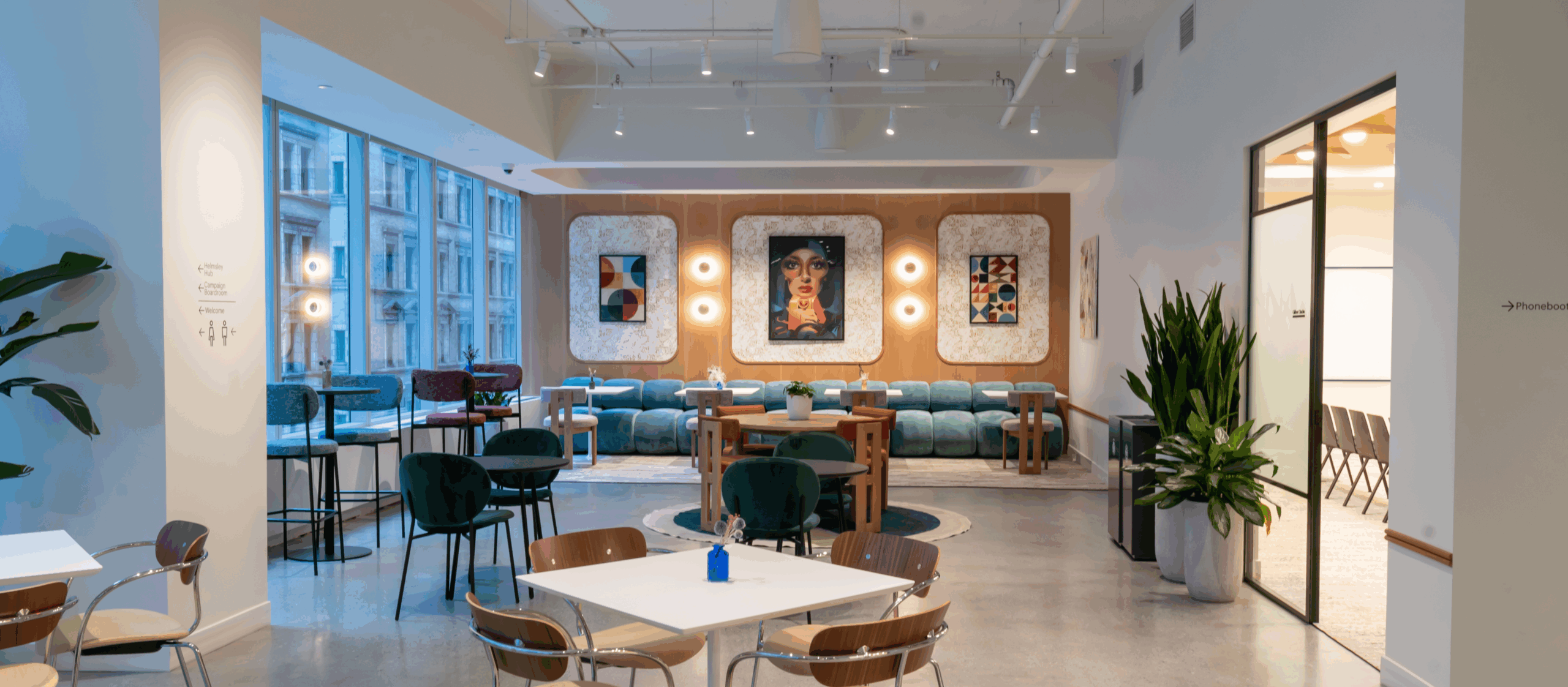 Banquettes and artwork at Convene 360 Madison